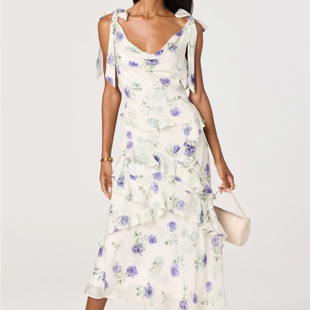 Astr Floral Tie-Shoulder Maxi Dress in Cream and Lavender